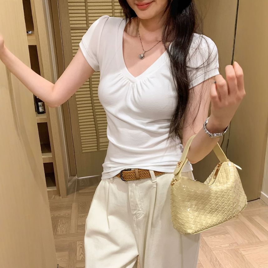 Ruched V-Neck Short-Sleeve Tee