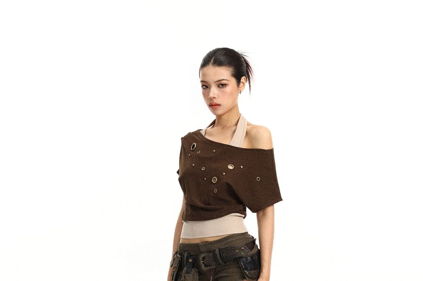 Mock Two-Piece Halter Neck Off-Shoulder Grommet Crop Tee