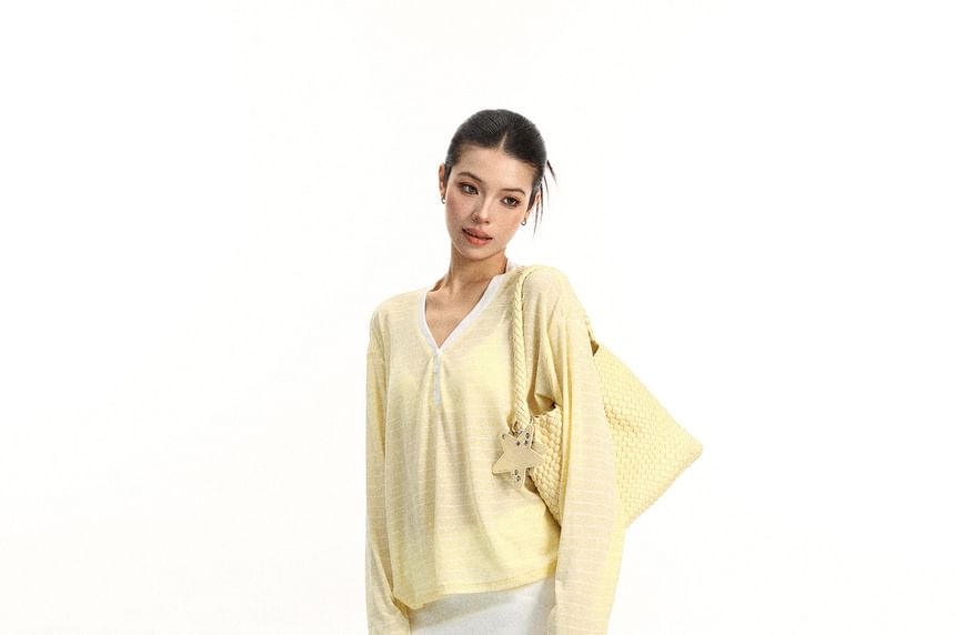 Striped Contrast Trim Sheer V-Neck Tee