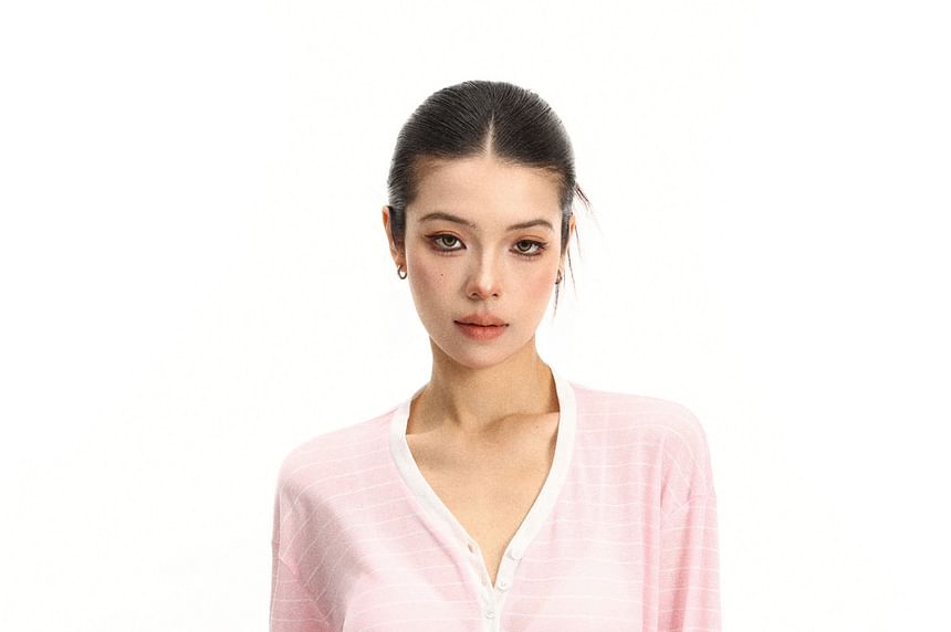 Striped Contrast Trim Sheer V-Neck Tee