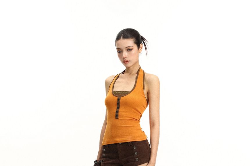 Two-Tone Lace Trim Halter Crop Top Set