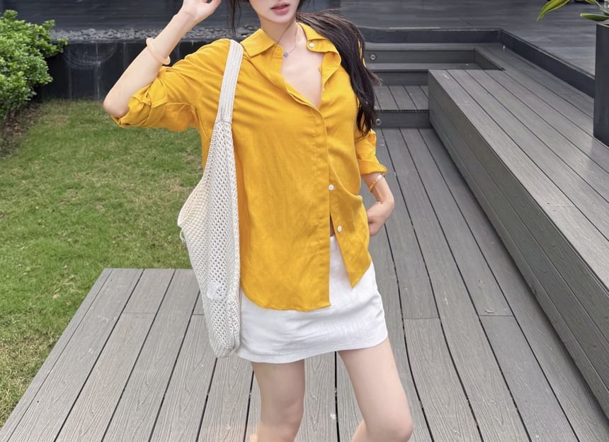 Drop-Shoulder Long-Sleeve Shirt & High Waist Mini Straight Skirt