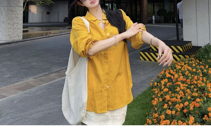 Drop-Shoulder Long-Sleeve Shirt & High Waist Mini Straight Skirt