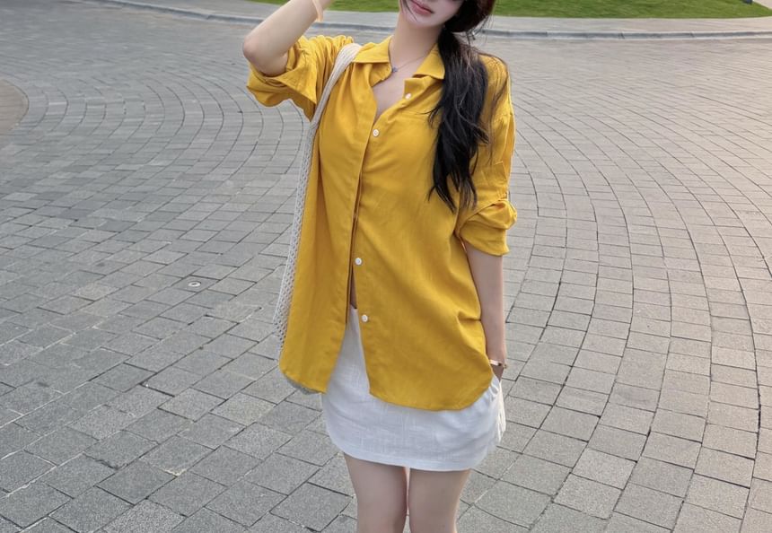 Drop-Shoulder Long-Sleeve Shirt & High Waist Mini Straight Skirt