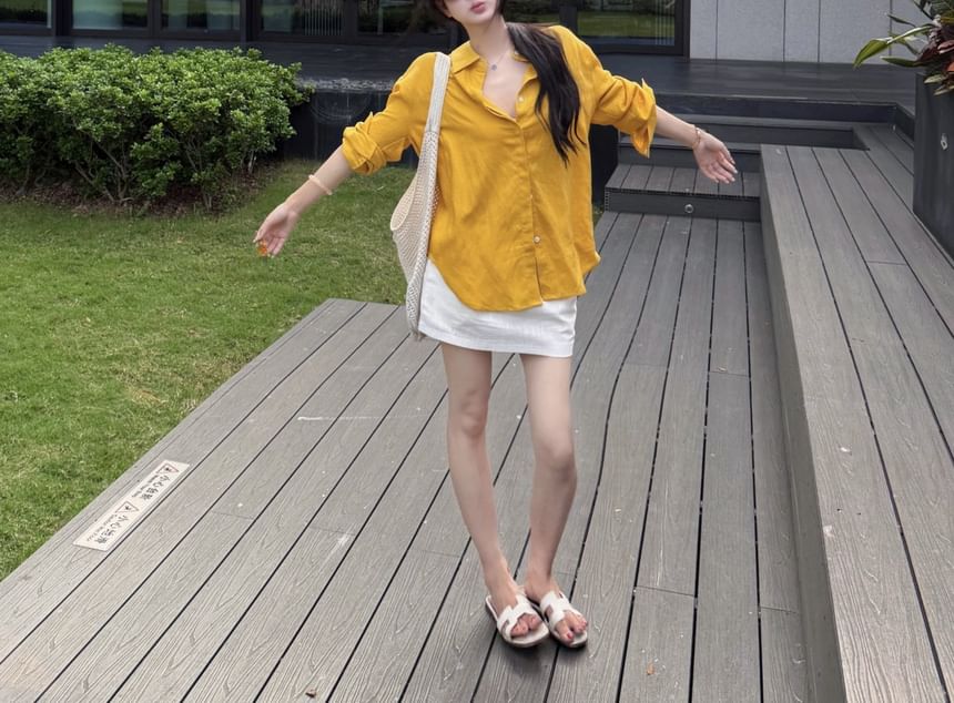 Drop-Shoulder Long-Sleeve Shirt & High Waist Mini Straight Skirt