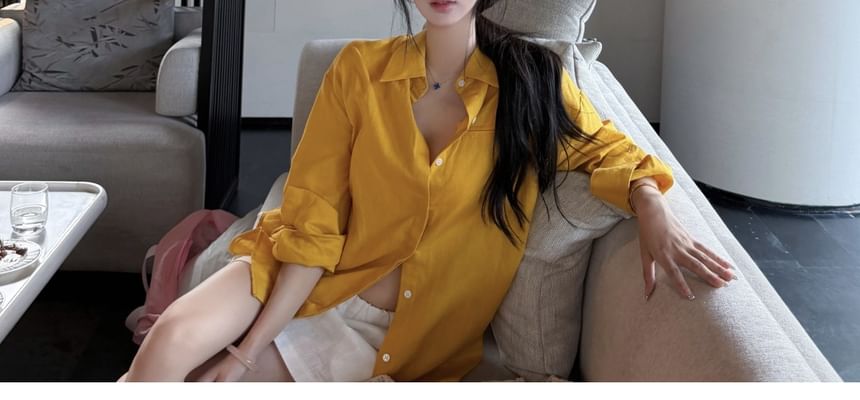 Drop-Shoulder Long-Sleeve Shirt & High Waist Mini Straight Skirt