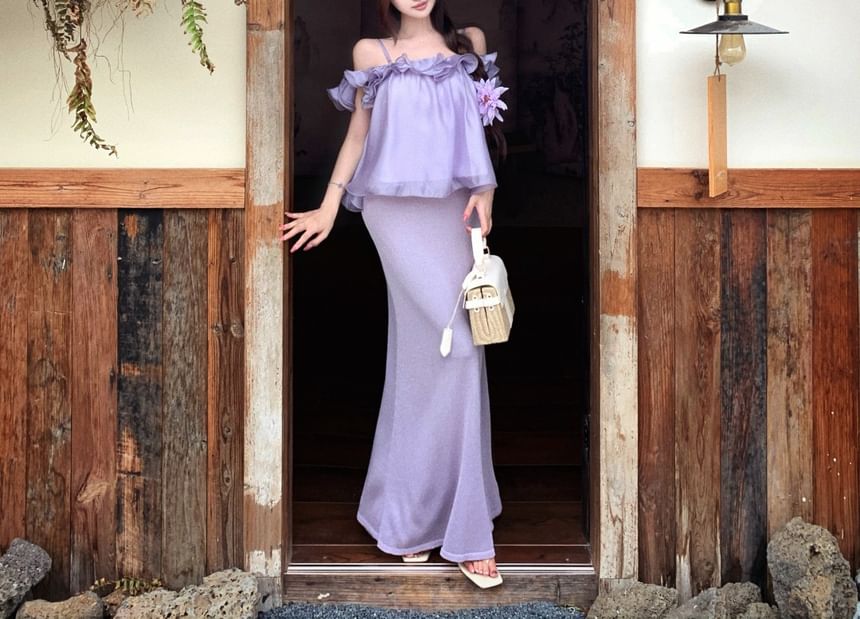 Off-Shoulder Ruffle Blouse & High Waist Knit Midi Pencil Skirt