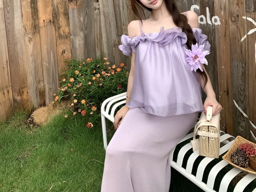 Off-Shoulder Ruffle Blouse & High Waist Knit Midi Pencil Skirt