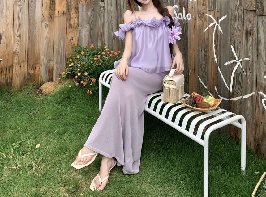Off-Shoulder Ruffle Blouse & High Waist Knit Midi Pencil Skirt