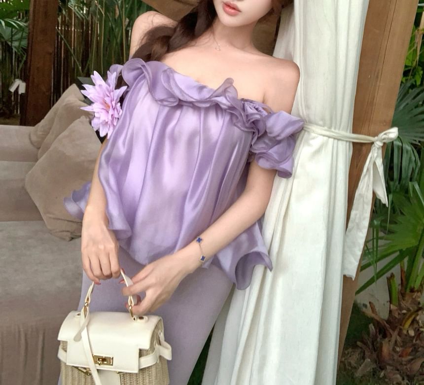 Off-Shoulder Ruffle Blouse & High Waist Knit Midi Pencil Skirt