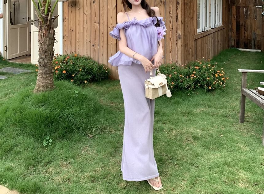 Off-Shoulder Ruffle Blouse & High Waist Knit Midi Pencil Skirt