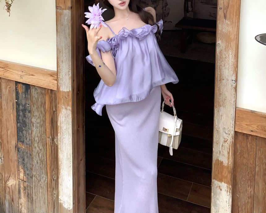 Off-Shoulder Ruffle Blouse & High Waist Knit Midi Pencil Skirt