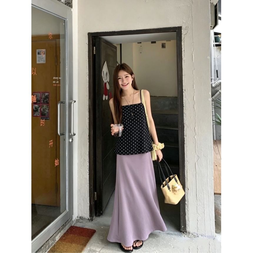 Set: Polka Dot Flowy Camisole & High Waist Plain Maxi A-Line Skirt