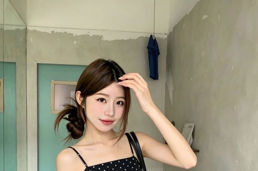 Set: Polka Dot Flowy Camisole & High Waist Plain Maxi A-Line Skirt