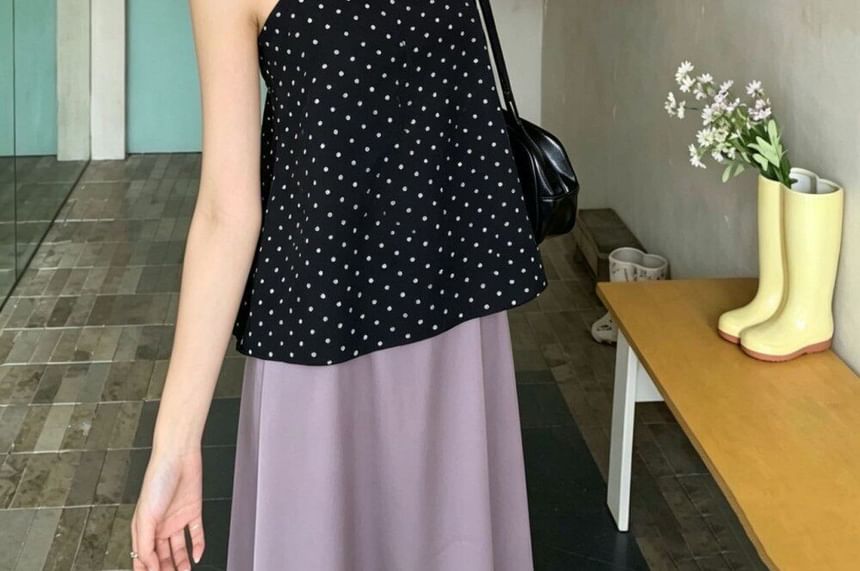 Set: Polka Dot Flowy Camisole & High Waist Plain Maxi A-Line Skirt