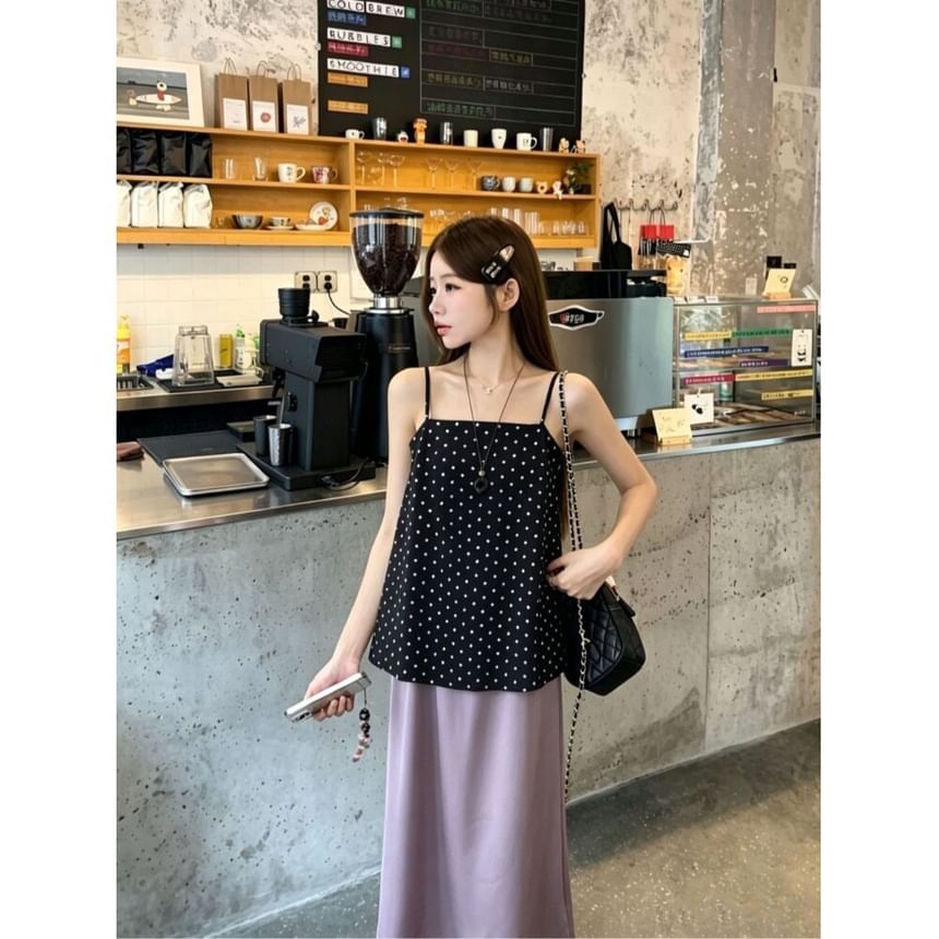 Set: Polka Dot Flowy Camisole & High Waist Plain Maxi A-Line Skirt