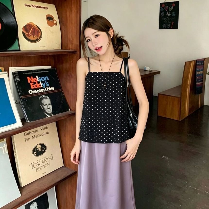 Set: Polka Dot Flowy Camisole & High Waist Plain Maxi A-Line Skirt