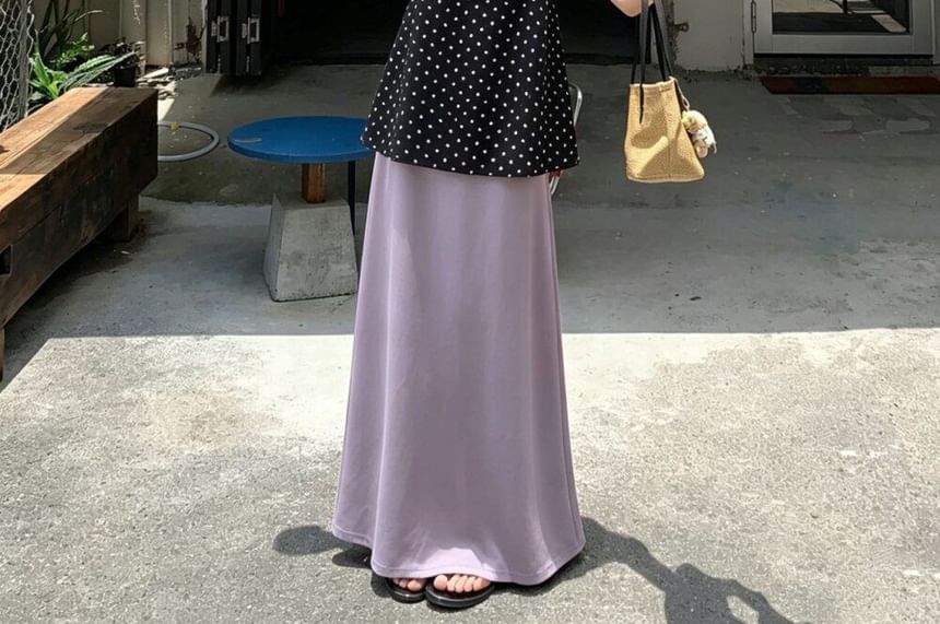 Set: Polka Dot Flowy Camisole & High Waist Plain Maxi A-Line Skirt