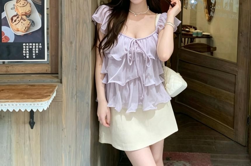 Scoop Neck Ruffle Trim Top, Sleeveless, Solid