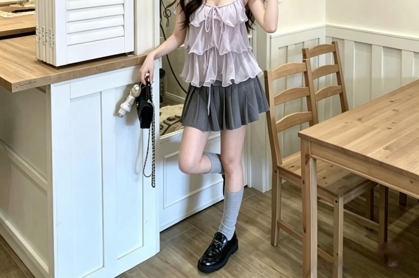 Scoop Neck Ruffle Trim Top, Sleeveless, Solid