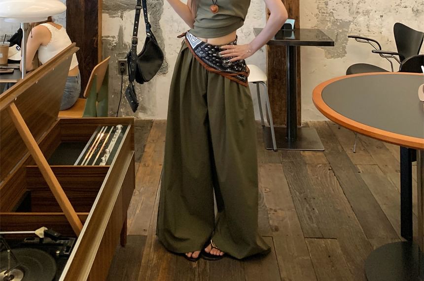 Crew Neck Crop Tee and Mid Rise Wide Leg Pants with Scarf Set