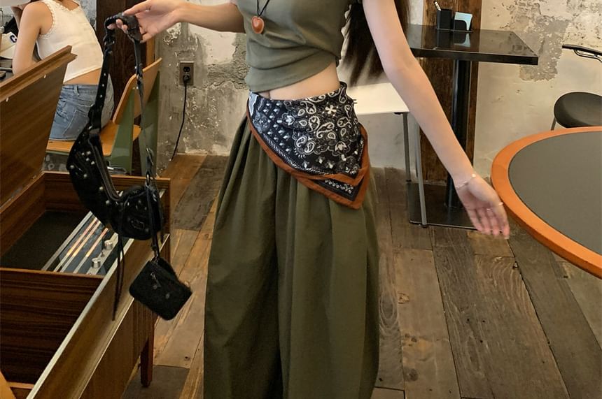 Crew Neck Crop Tee and Mid Rise Wide Leg Pants with Scarf Set