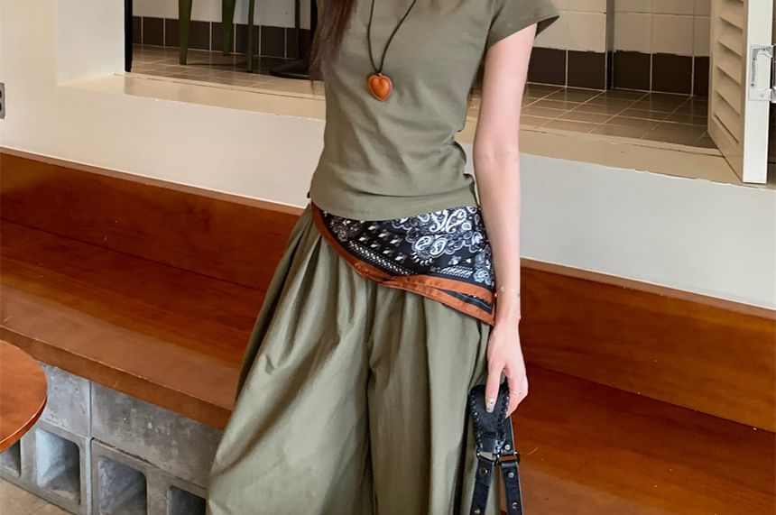 Crew Neck Crop Tee and Mid Rise Wide Leg Pants with Scarf Set