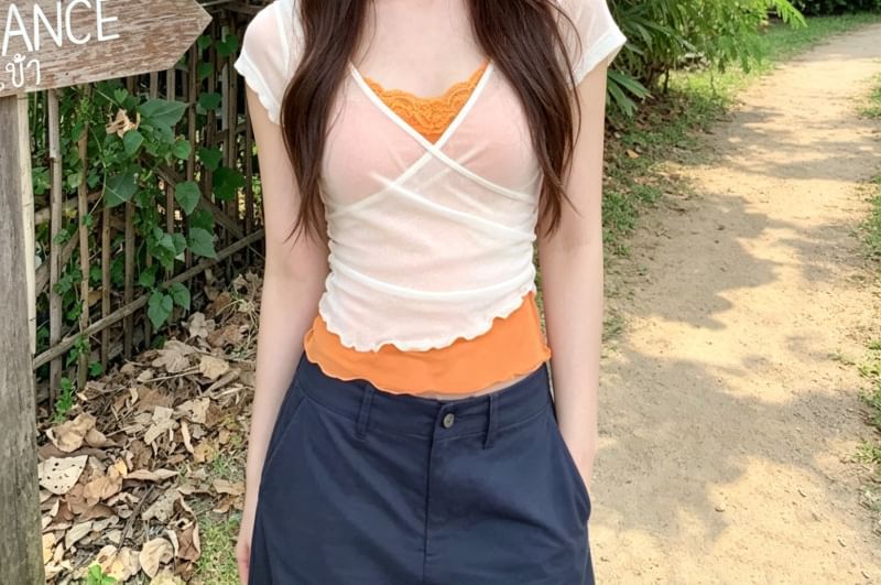 V-Neck Ruffle Mock Two-Piece Top with Short Sleeves
