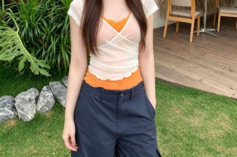 V-Neck Ruffle Mock Two-Piece Top with Short Sleeves