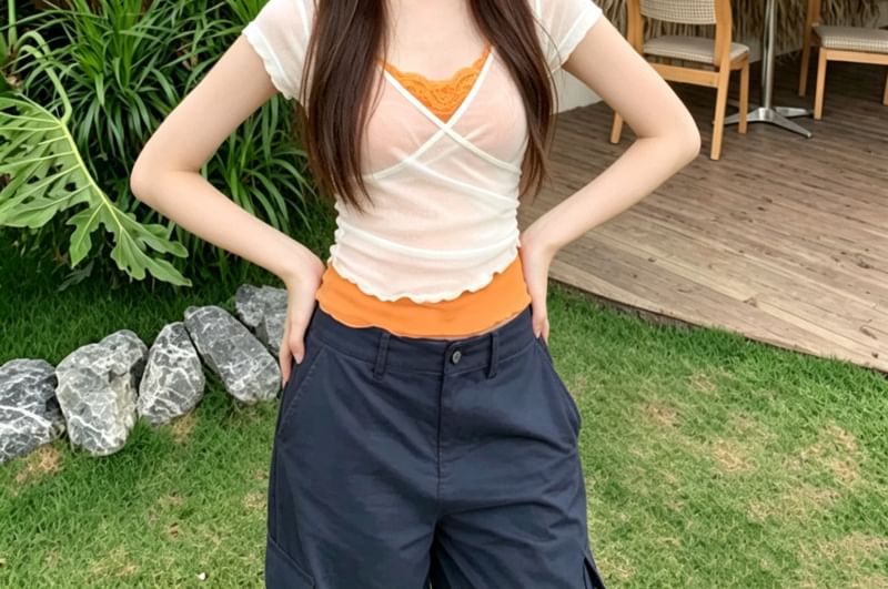 V-Neck Ruffle Mock Two-Piece Top with Short Sleeves