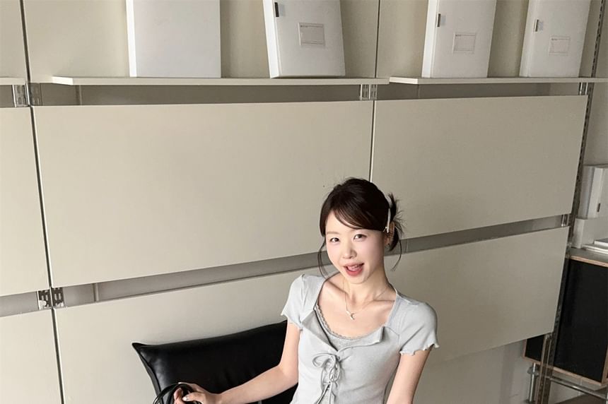 Scoop Neck Mock Two-Piece Top with Short Sleeves, Solid