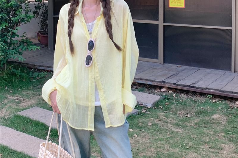Collared Solid Button-Up Shirt with Long Sleeves