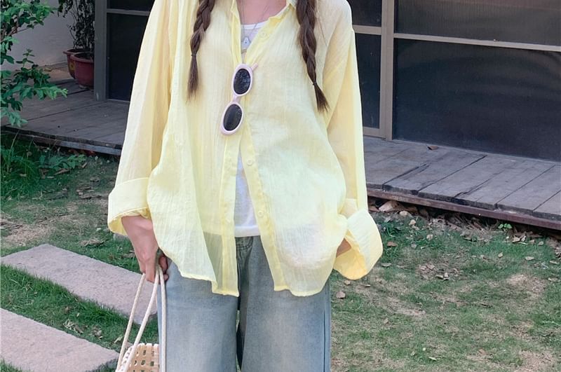 Collared Solid Button-Up Shirt with Long Sleeves