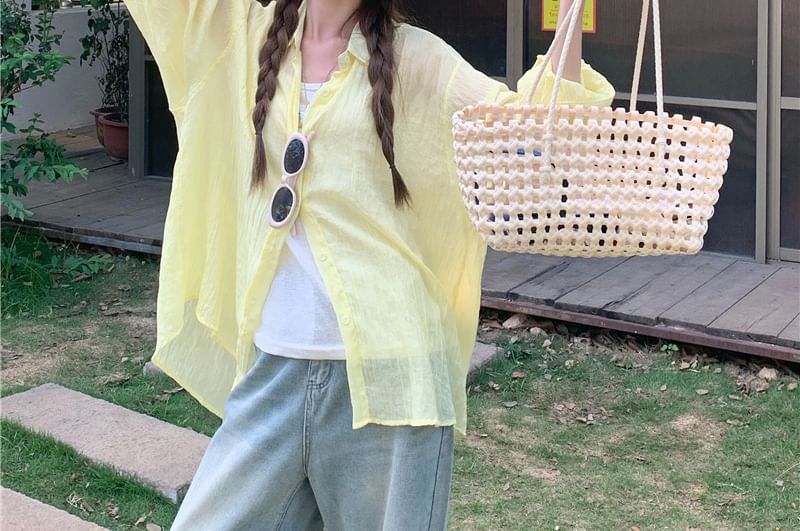 Collared Solid Button-Up Shirt with Long Sleeves