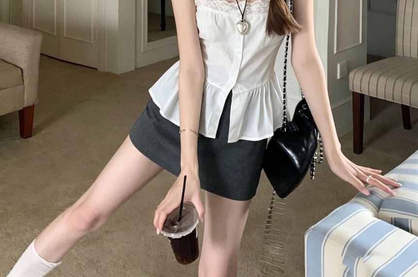 Square Neck Button Camisole with Spaghetti Straps, Solid