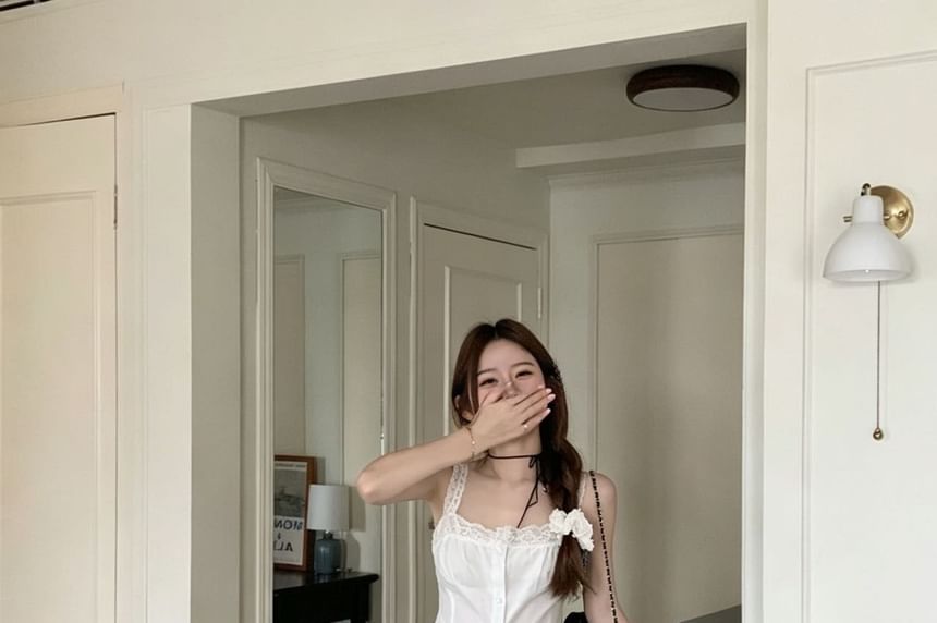 Square Neck Button Camisole with Spaghetti Straps, Solid