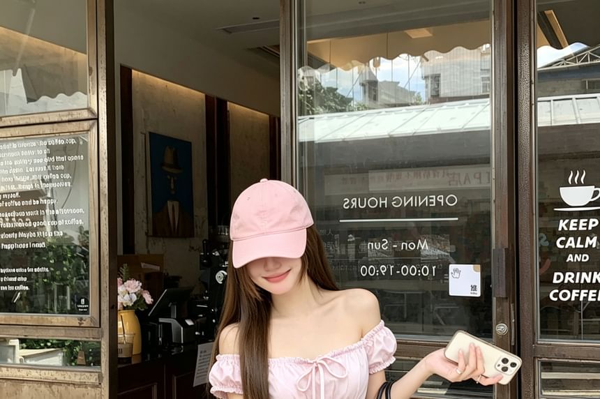 Off-Shoulder Ruffle Trim Top with Short Sleeves, Solid