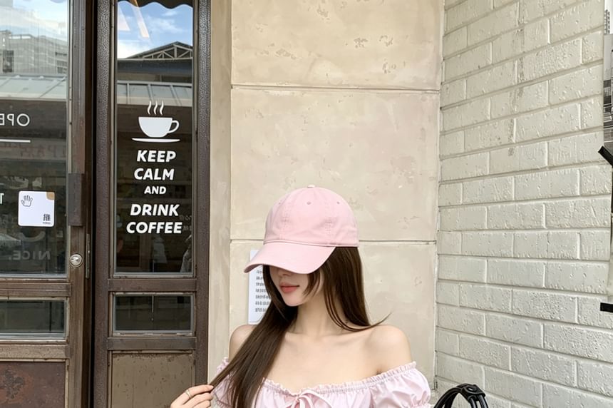 Off-Shoulder Ruffle Trim Top with Short Sleeves, Solid