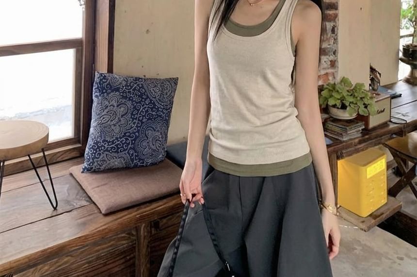 Mock Two-Piece Scoop Neck Tank Top