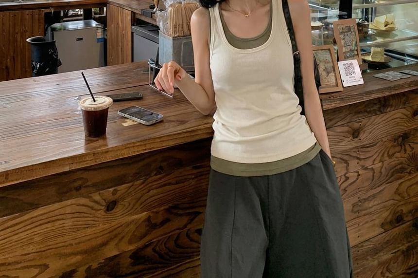 Mock Two-Piece Scoop Neck Tank Top
