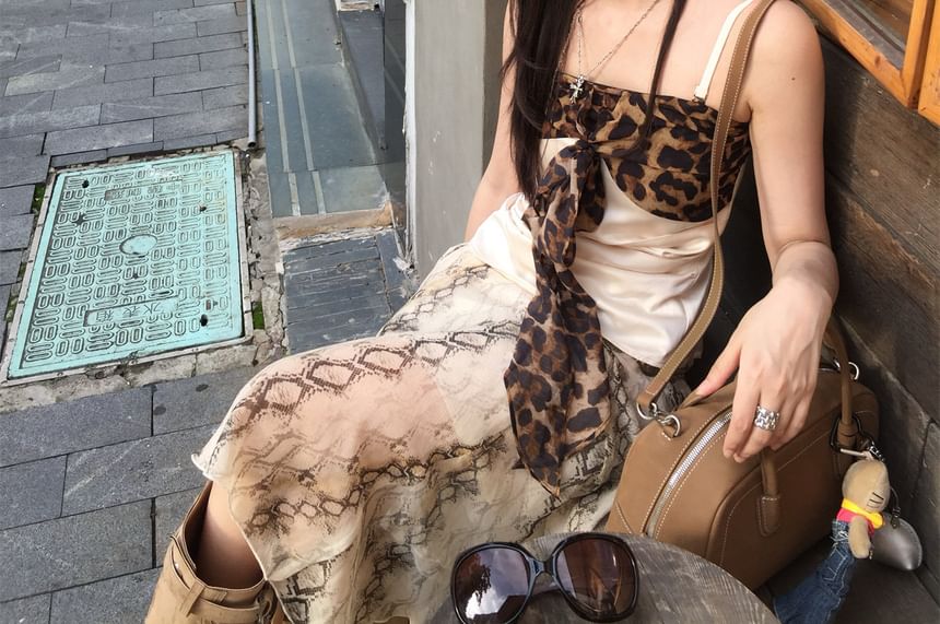Leopard Panel Camisole and Snake Print Midi A-Line Skirt Set