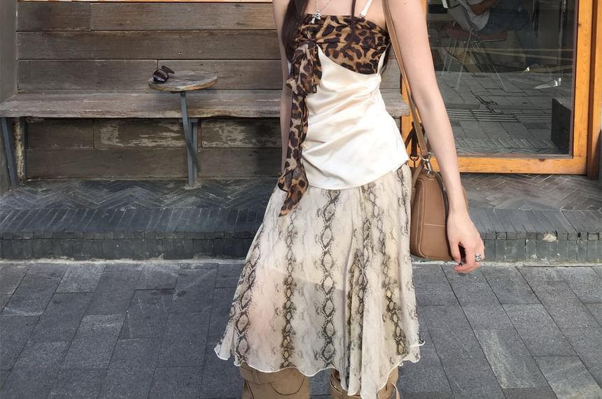 Leopard Panel Camisole and Snake Print Midi A-Line Skirt Set