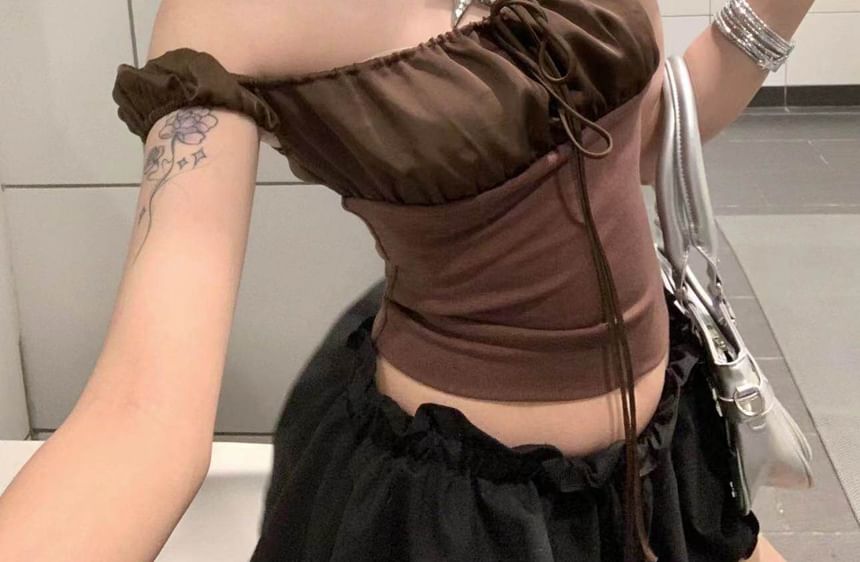 Off-Shoulder Ruched Crop Tee with Short Sleeves, Solid