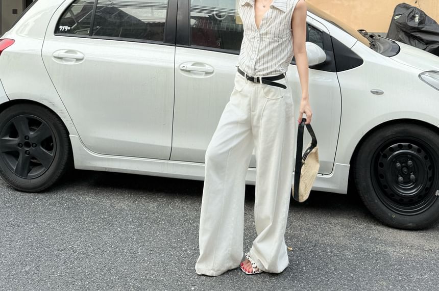 Collared Striped Button-Up Shirt, Sleeveless