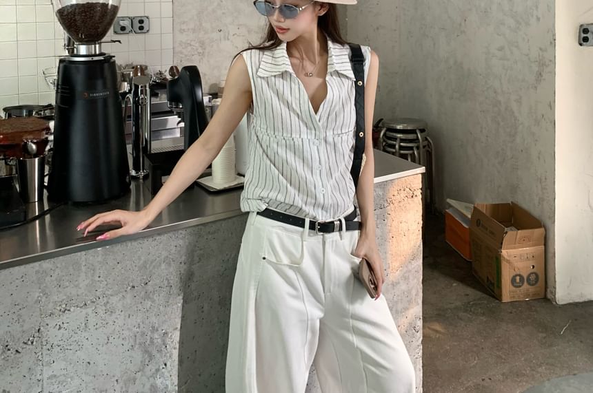 Collared Striped Button-Up Shirt, Sleeveless