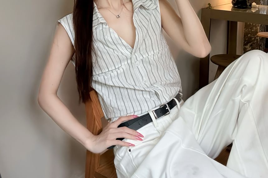 Collared Striped Button-Up Shirt, Sleeveless