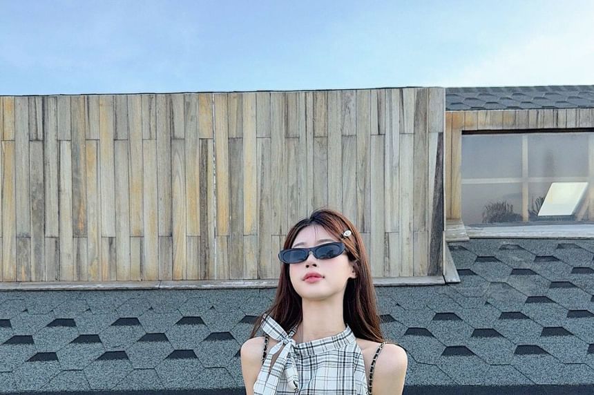 Set: Halter Neck Plaid Top & High Waist Bubble Hem Mini Skirt