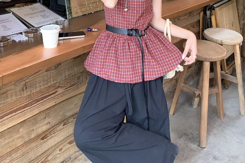 Plaid Bow Peplum Blouse with Faux Leather Belt