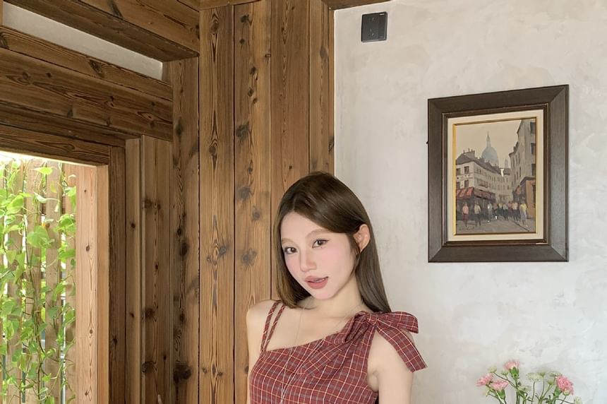 Plaid Bow Peplum Blouse with Faux Leather Belt
