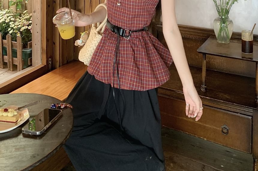 Plaid Bow Peplum Blouse with Faux Leather Belt